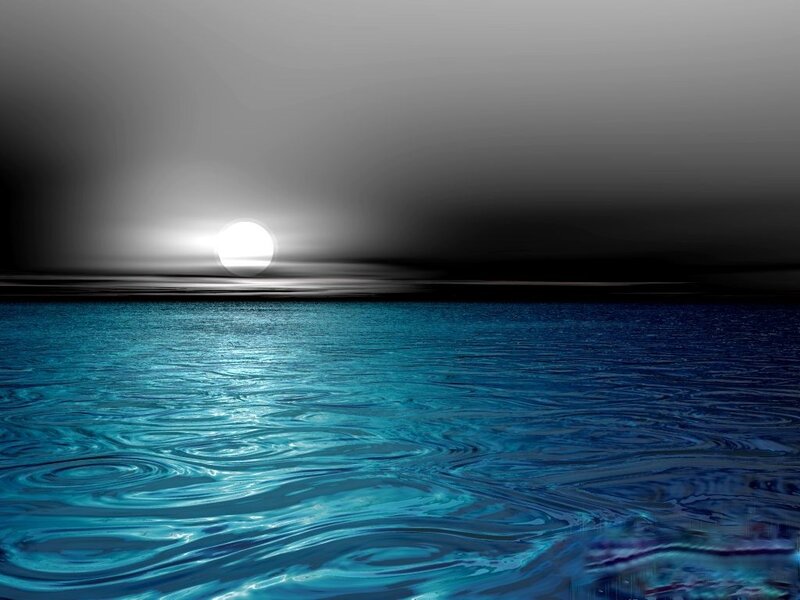 Moon over Ocean — Blue, Serene, Night, Digital Art, Sky, Black