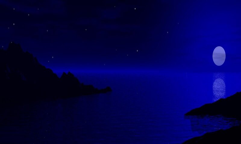 Moon over Ocean — Blue, Serene, Night, Digital Art