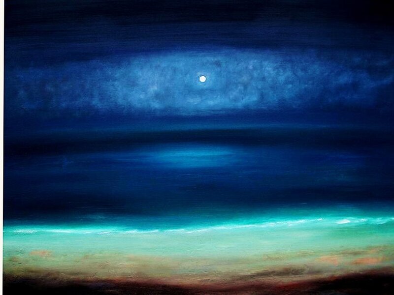 Moon over Ocean — Blue, Serene, Night, Painting