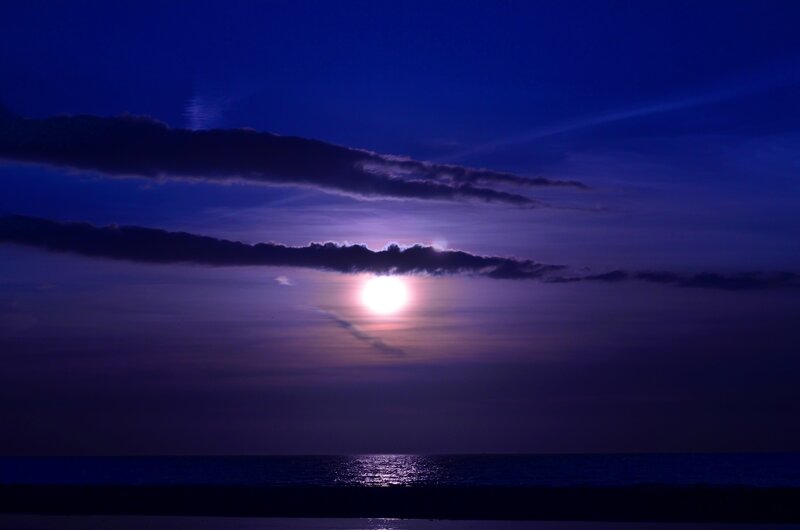 Moon over Ocean — Blue, Serene, Night, Photograph, Clouds, Sky