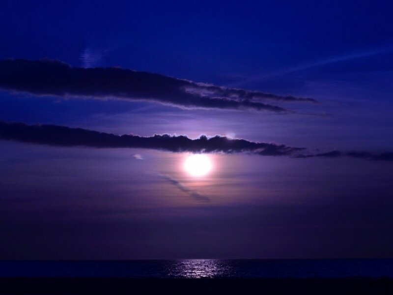 Moon over Ocean — Blue, Serene, Night, Photograph, Clouds
