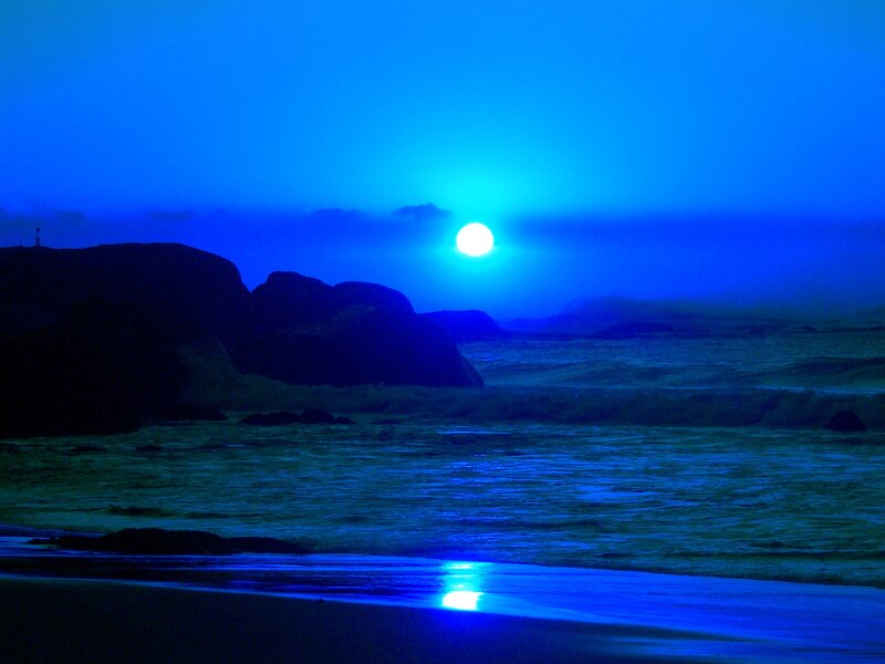Moon over Ocean — Blue, Serene, Night, Photograph, Rocks, Sky