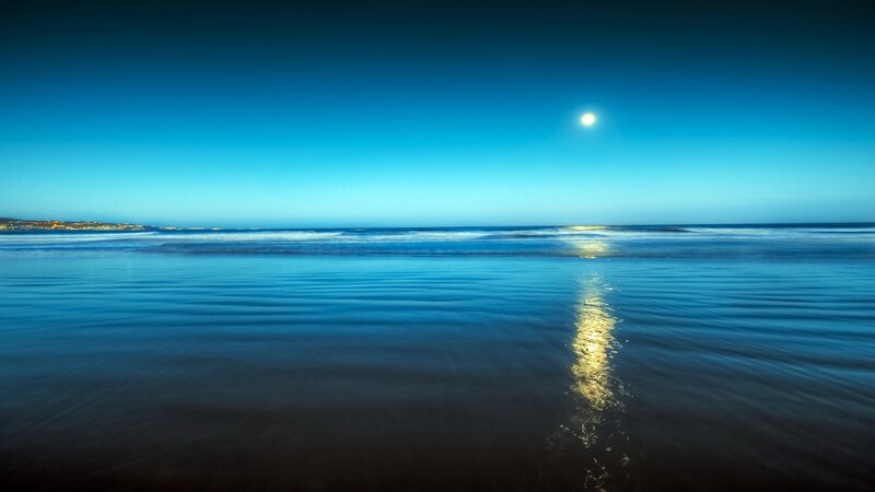 Moon over Ocean — Blue, Serene, Night, Photograph, Sky, City Lights