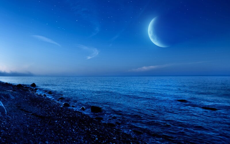 Moon over Ocean — Blue, Serene, Night, Photograph, Sky, Rocks