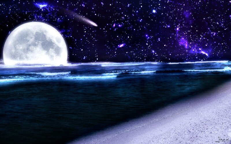 Moon over Ocean — Blue, Serene, Night