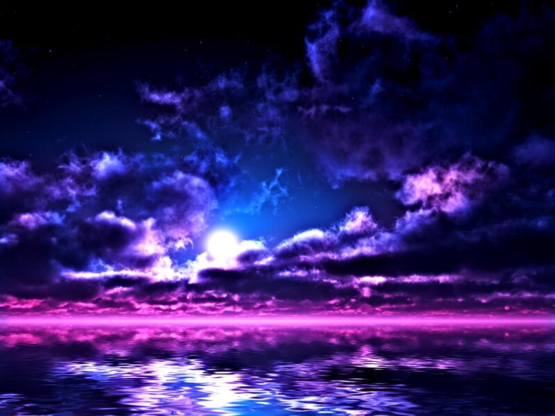Moon over Ocean — Purple, Dramatic, Night, Digital Art, Clouds