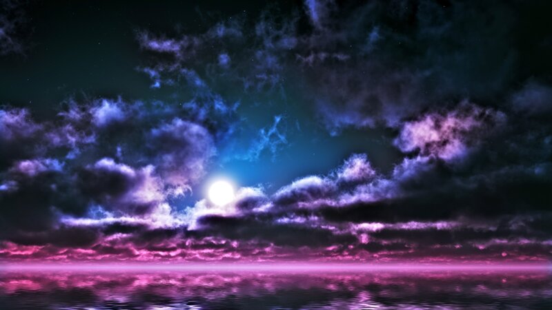 Moon over Ocean — Purple, Dramatic, Night, Digital Art