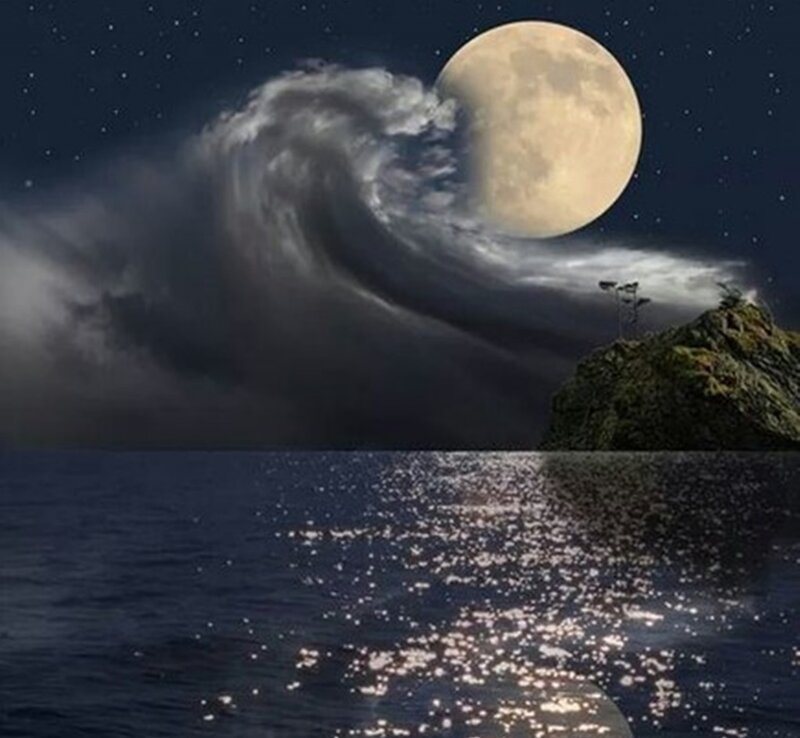 Moon over Ocean Wave — Blue