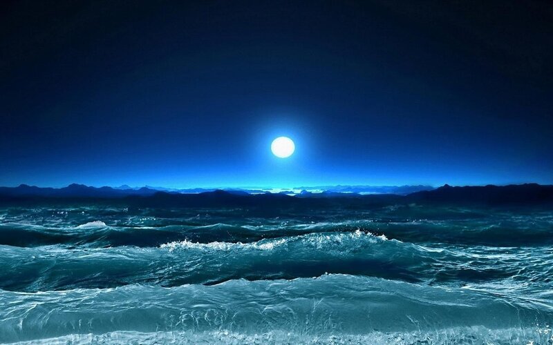 Moon over Ocean Waves — Blue, Dramatic, Night