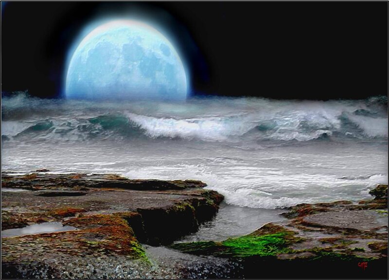 Moon over Ocean Waves — Blue, Dramatic