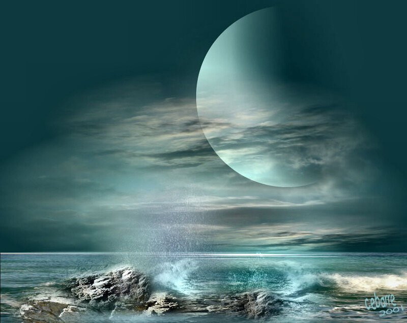 Moon over Ocean Waves — Teal
