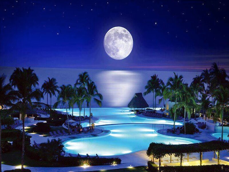 Moon over Pool at Night