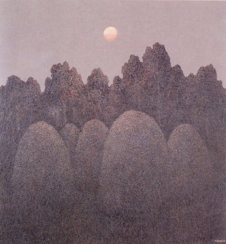 Moon over rocky landscape