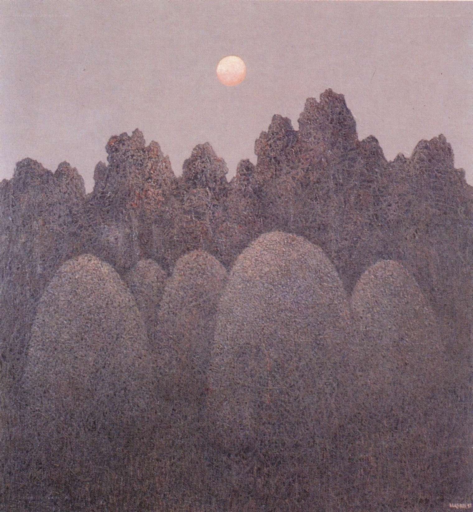 Moon over rocky landscape