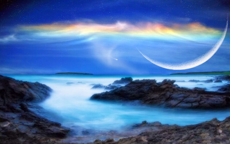 Moon over Rocky Shore — Blue, Serene, Night, Digital Art