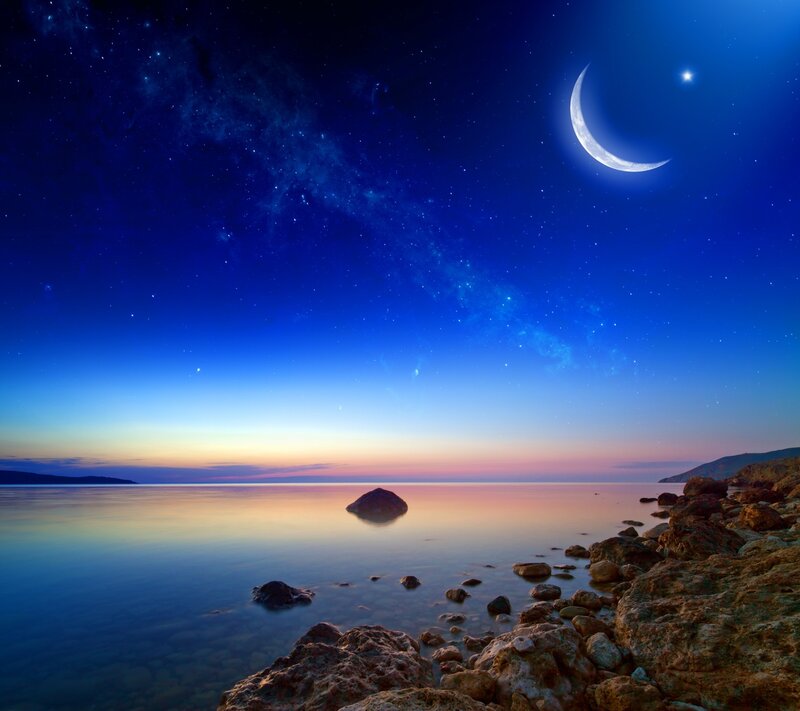 Moon over Rocky Shore — Blue, Serene, Night