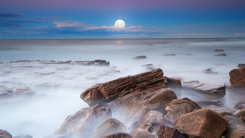 Moon over Rocky Shore — Blue, Serene