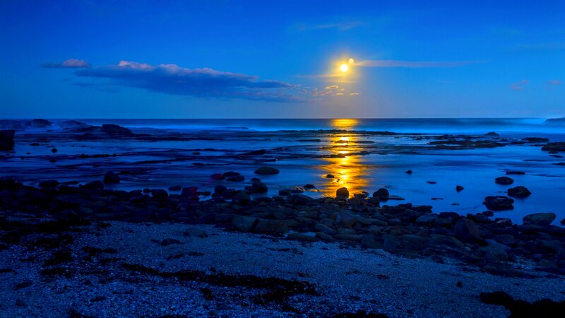 Moon over Rocky Shore — Blue
