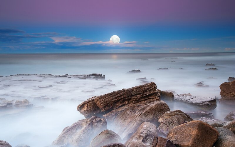 Moon over Rocky Shore — Purple, Serene, Night, Photograph, Ocean
