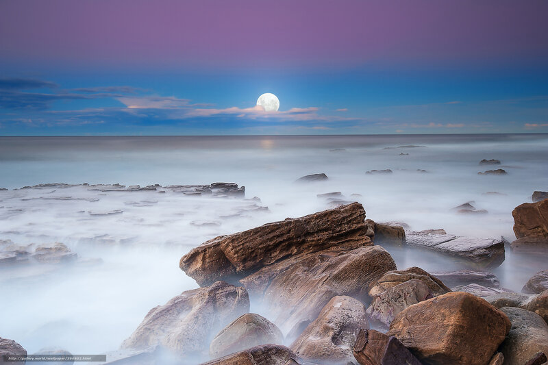 Moon over Rocky Shore — Purple, Serene
