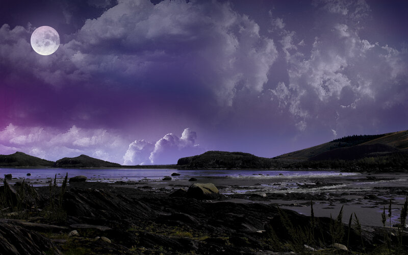 Moon over Rocky Shore — Purple