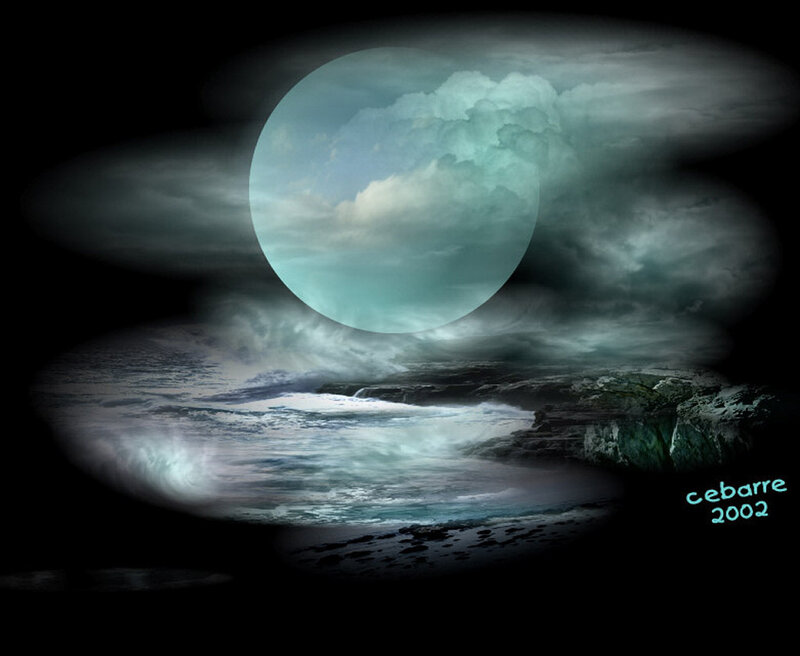 Moon over Rocky Shore — Teal