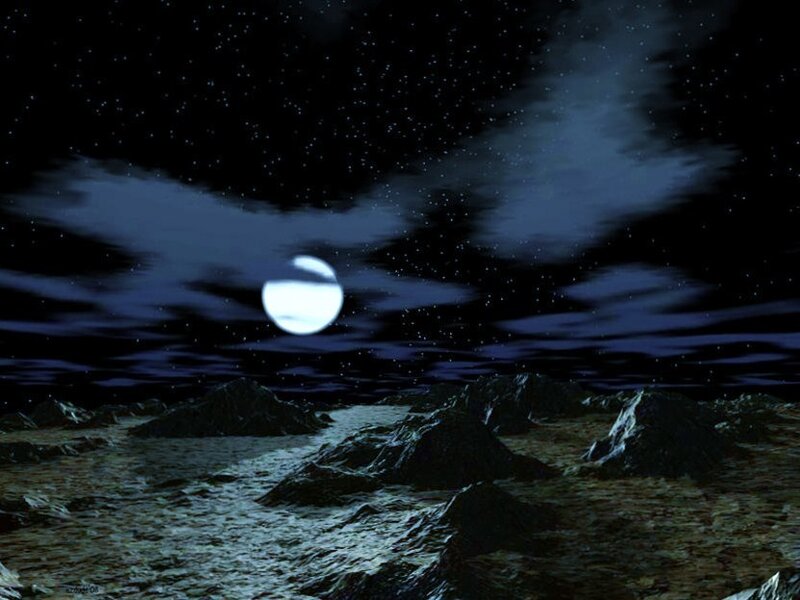 Moon over Rocky Terrain — Black, Dramatic