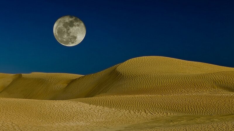Moon over Sand Dunes — Blue, Serene, Night