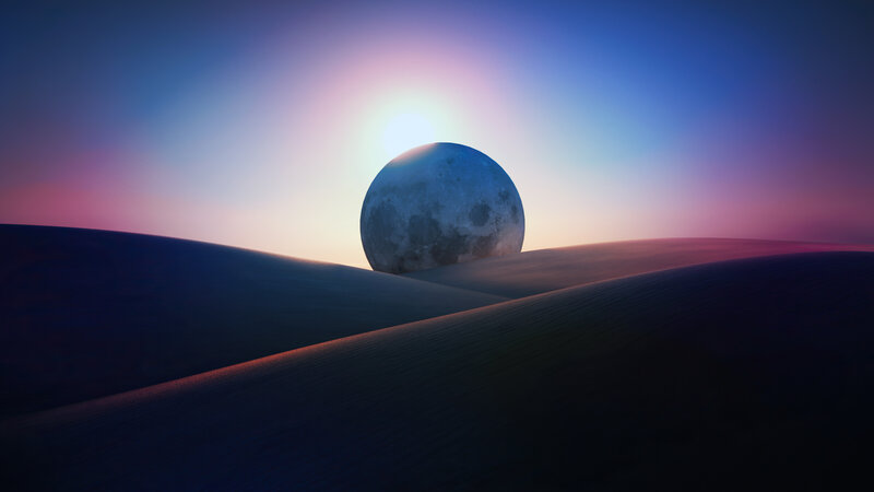 Moon over Sand Dunes — Blue, Serene, Sunset