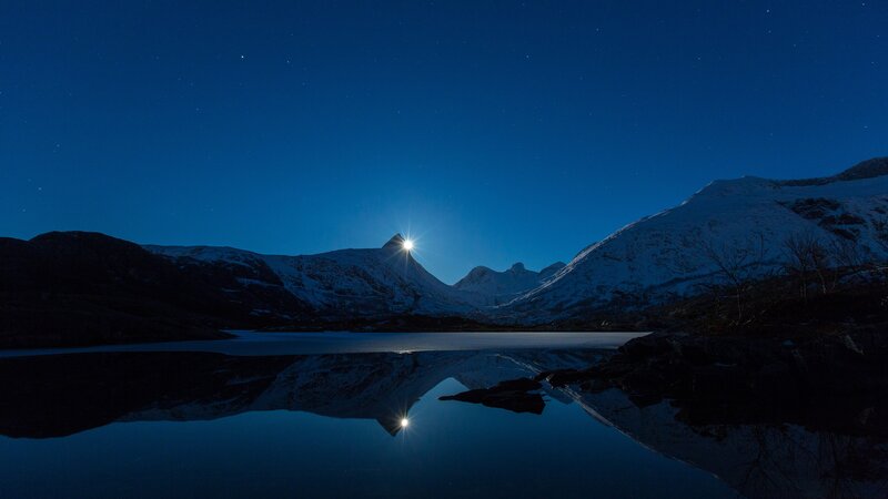 Moon over Snowy Mountains — Blue, Serene, Night, Photograph, Lake, Stars