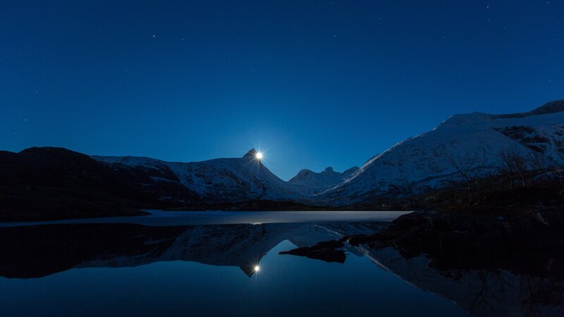 Moon over Snowy Mountains — Blue, Serene, Night, Photograph, Lake