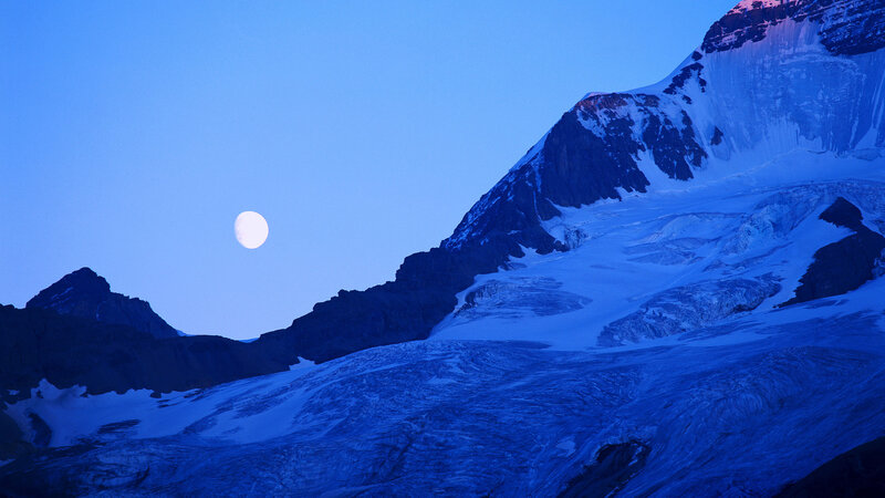 Moon over Snowy Mountains — Blue, Serene, Night