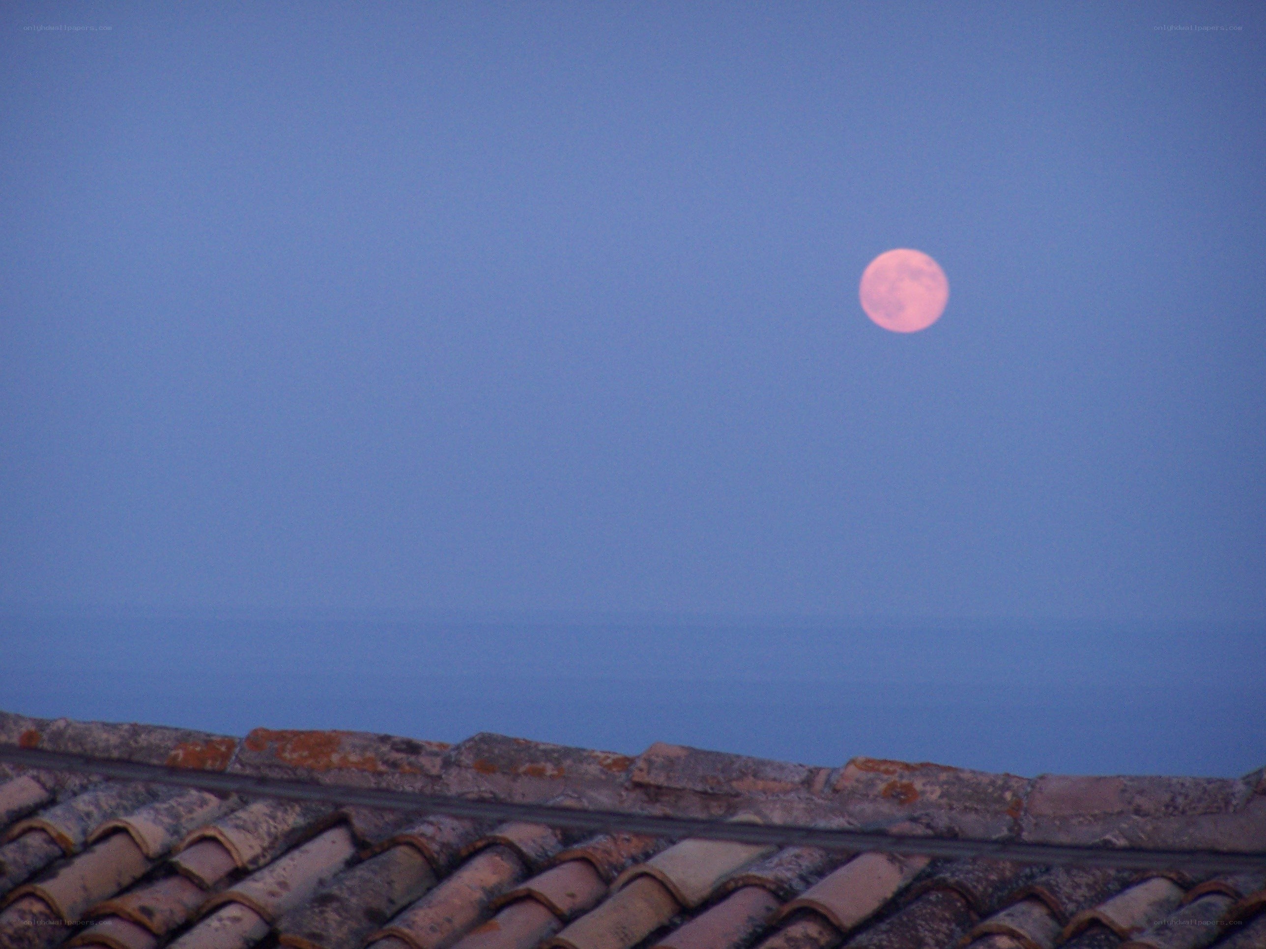 Moon over tiled roof