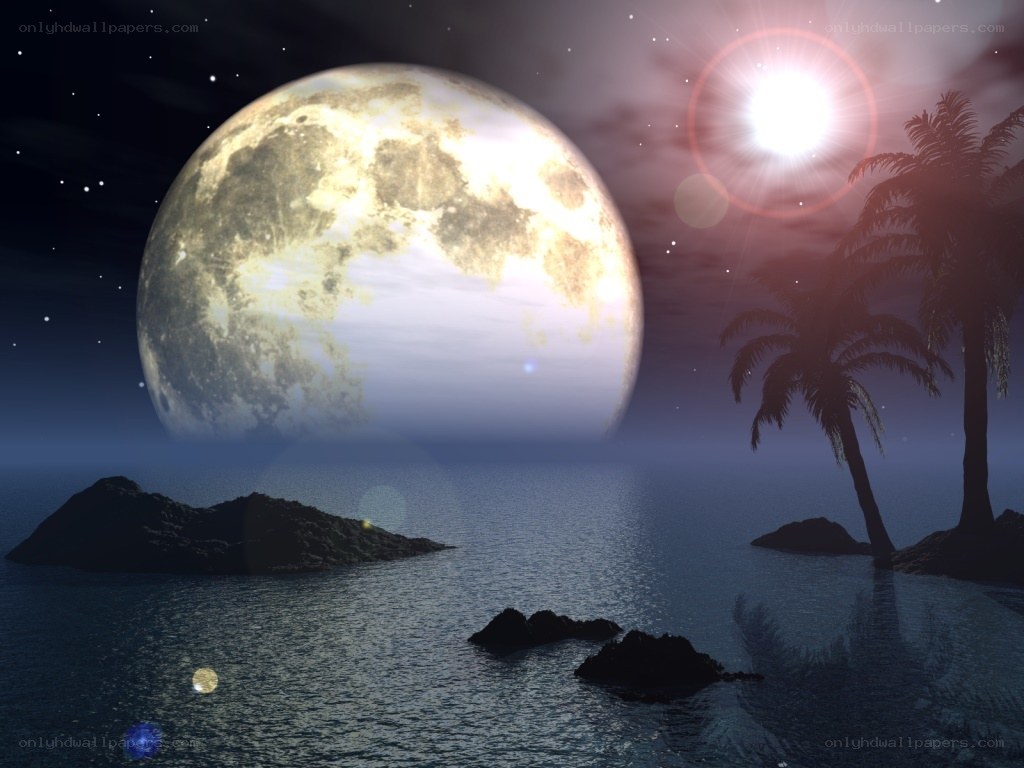 Moon over tropical island