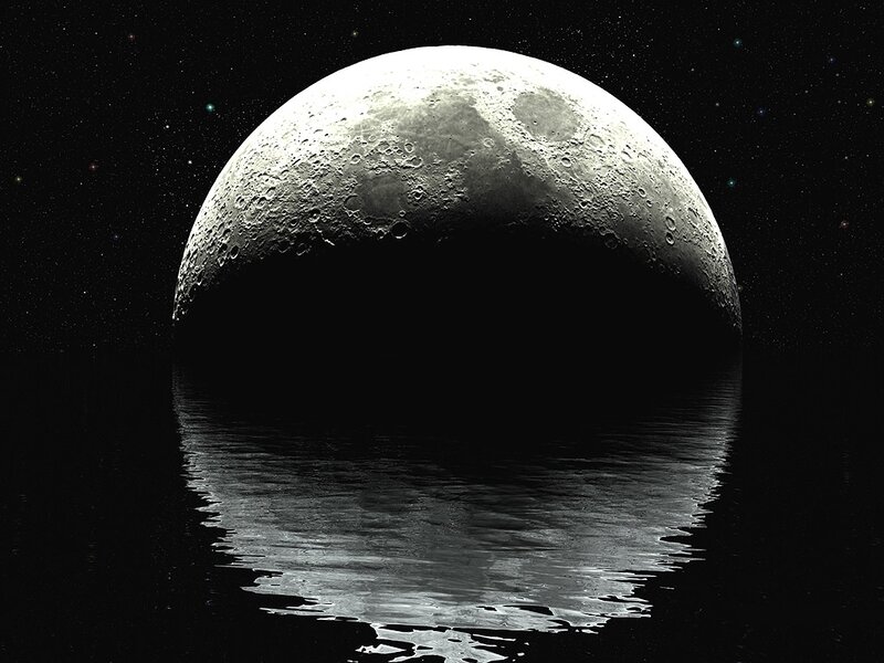 Moon over Water — Black, Serene, Night, 3d Render