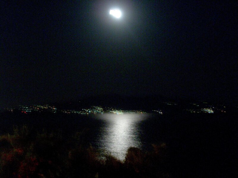 Moon over Water — Black, Serene, Night, Photograph, City Lights