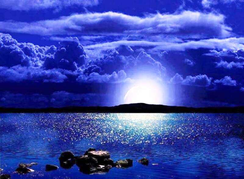 Moon over Water — Blue, Dramatic, Night, Digital Art