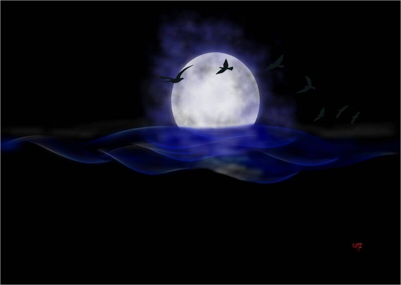 Moon over Water — Blue, Serene, Night, Digital Art, Birds, Clouds