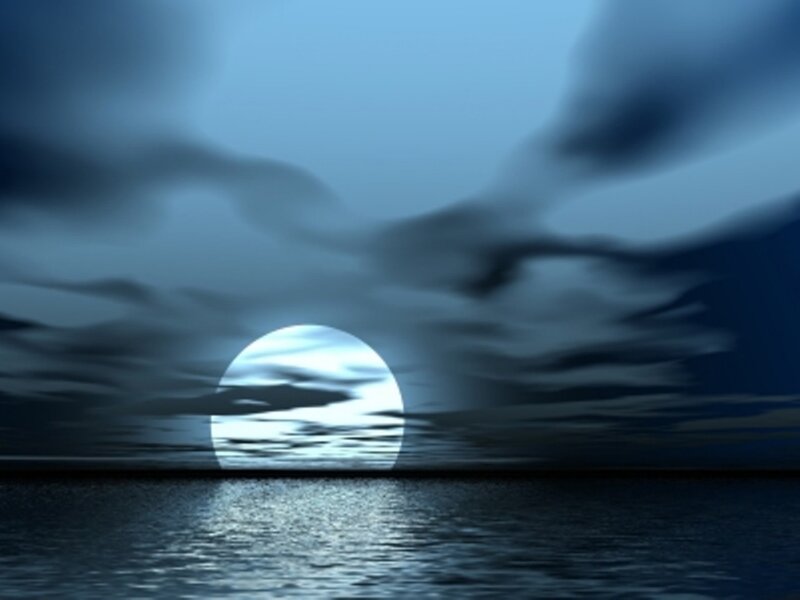 Moon over Water — Blue, Serene, Night, Digital Art, Clouds