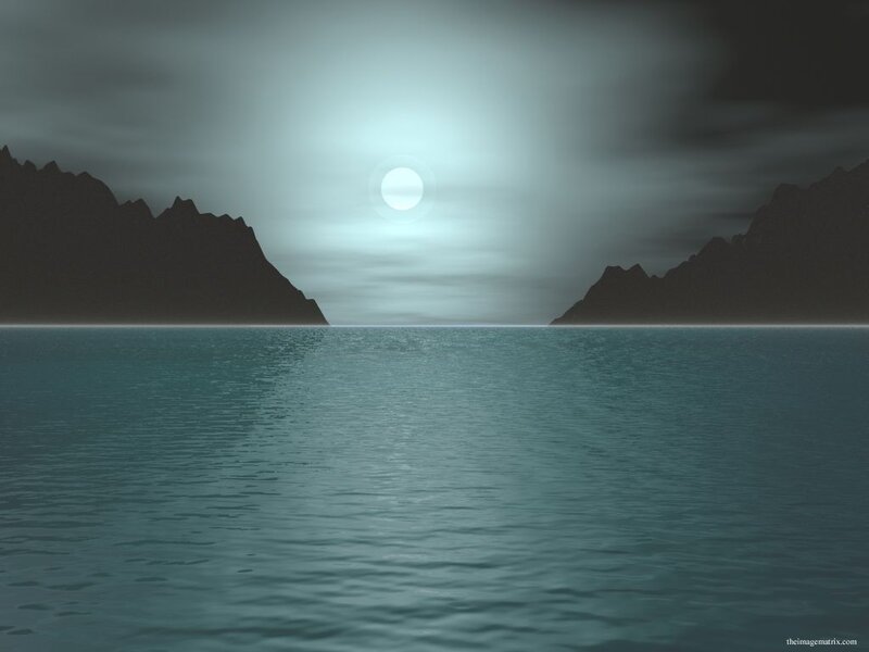 Moon over Water — Blue, Serene, Night, Digital Art, Mountains