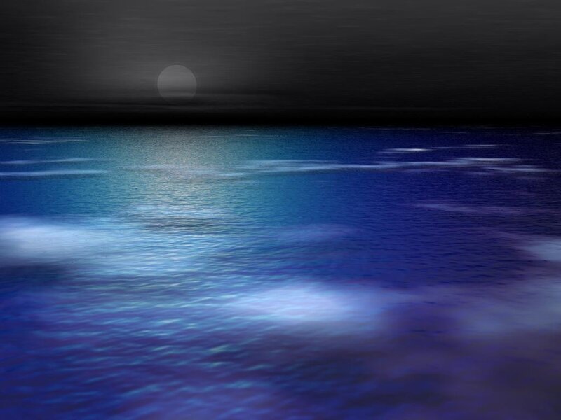 Moon over Water — Blue, Serene, Night, Digital Art, Ocean