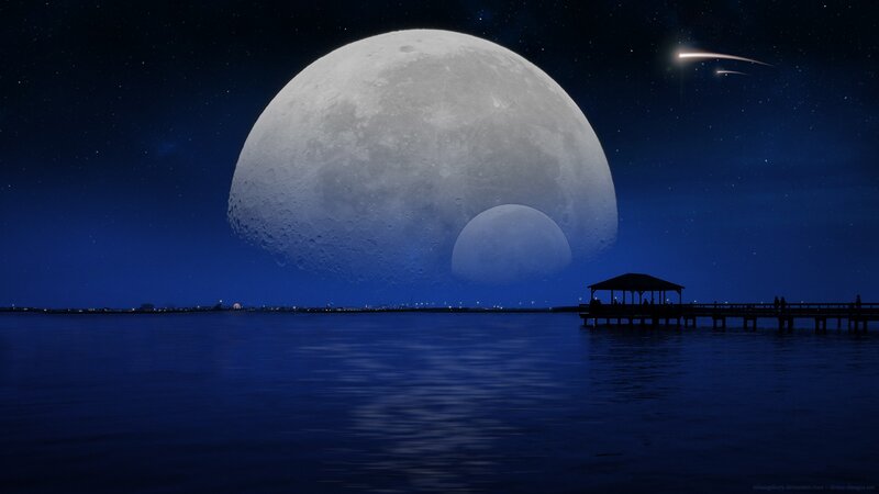 Moon over Water — Blue, Serene, Night, Digital Art, Pier