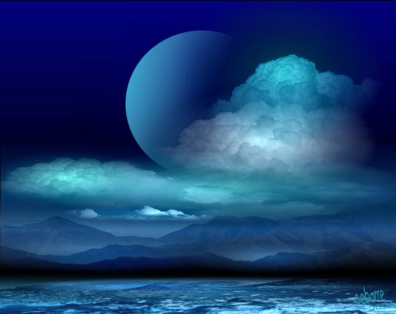 Moon over Water — Blue, Serene, Night, Digital Art