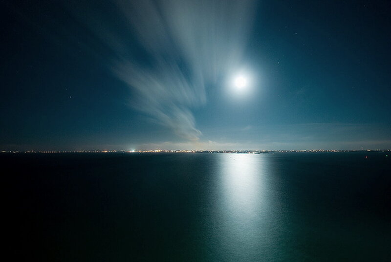Moon over Water — Blue, Serene, Night, Photograph, Clouds