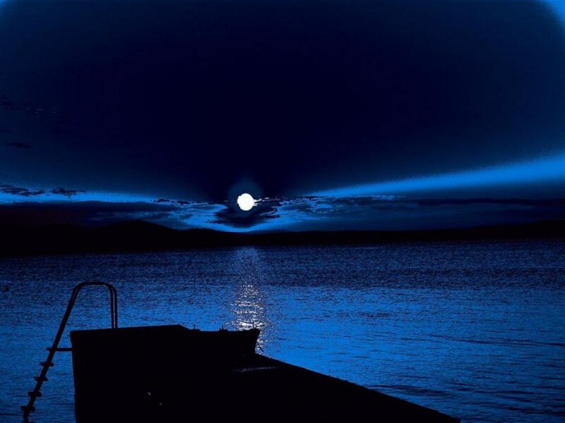 Moon over Water — Blue, Serene, Night, Photograph, Dock