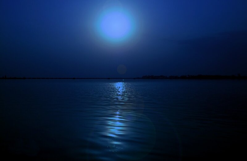 Moon over Water — Blue, Serene, Night, Photograph, Sky