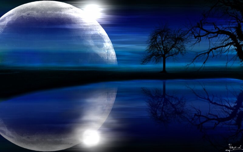 Moon over Water Landscape — Blue, Serene