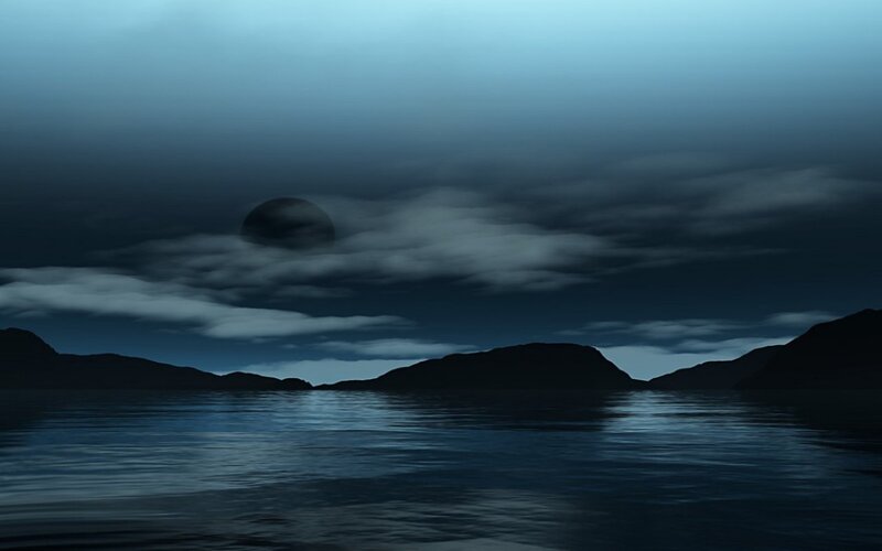 Moon over Water Landscape — Blue