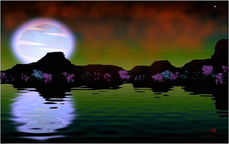 Moon over Water Landscape — Green
