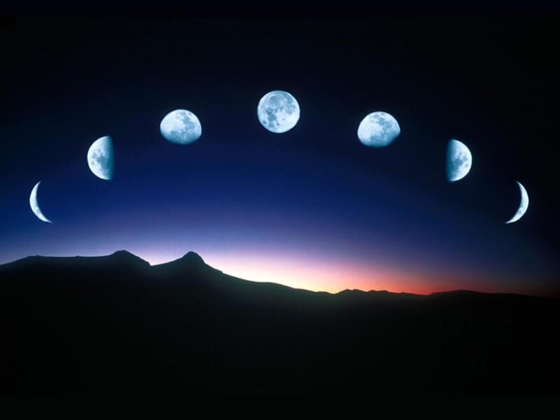 Moon Phases over Mountains — Blue, Serene, Night, Illustration